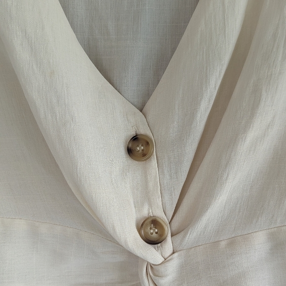 Vintage 90s Timing Crop Top Off White Linen Short Sleeve Peasant V-neck Button - Picture 3 of 8